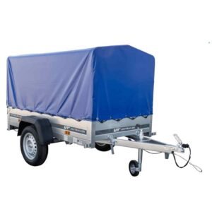 Remorque bagagere Garden Trailer 200 KIPP x 106 cm avec bâche haute bleue, arceau et roue jockey PTAC 500 kg