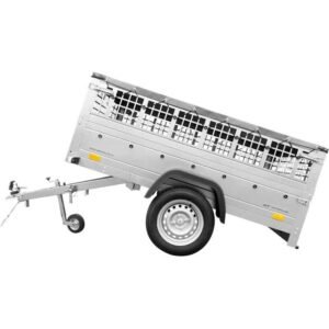 Remorque avec ridelle grillagée 200x125 avec bâche plate grise, tiges de support bâche,  et roue jockey - Garden Trailer 201 KIPP