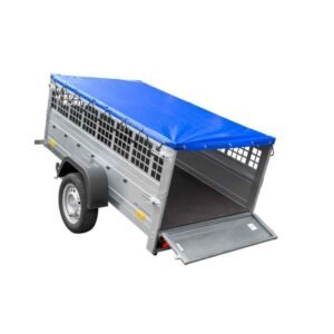 Remorque unitrailer Garden Trailer 200 KIPP avec bâche plate grise, tiges de support bâche, ridelles grillagées et roue jockey