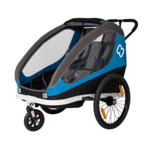 Hamax Traveller Bike Trailer for 2 Kids, incl. drawbar and buggy wheel - petrol blue/grey